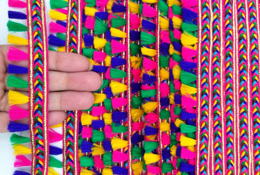 Pink And Multicoloured Braided Fringe Thread Lace Trim, Rainbow Tassels Trim, Fringe Trimming